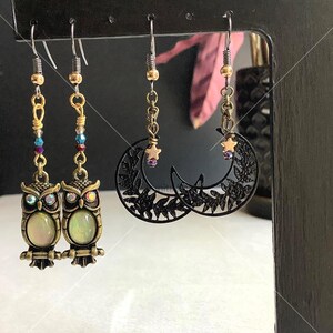 Owl earrings, moon earrings, bird earrings, spiritual jewelry, dark and moody earrings, owl drop earrings, moon jewelry, handmade earrings,