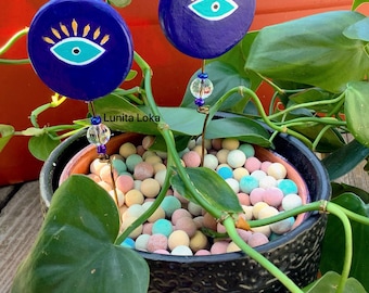 Evil eye gift, handmade nazar, copper plant ornament, plant pole, decorative plant support, houseplant trellis decoration