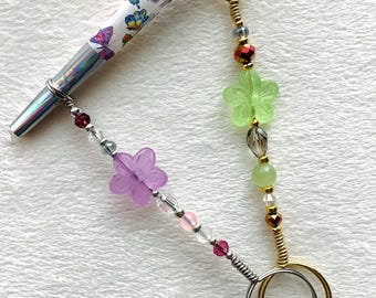 mini crystal wand, ATM card holder, metal multi use tool, smudge stick holder, purple flower charm gift,