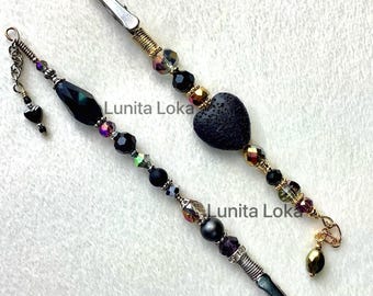Whimsical Gothic Crystal wand, alligator clamp clip, Black heart charm, lava rock, bracelet helper, Fairycore gift, Gardening Plant Mom Gift