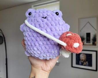 Crochet Purple Frog with Mushroom Bag Amigurumi Stuffed Animal Plushie