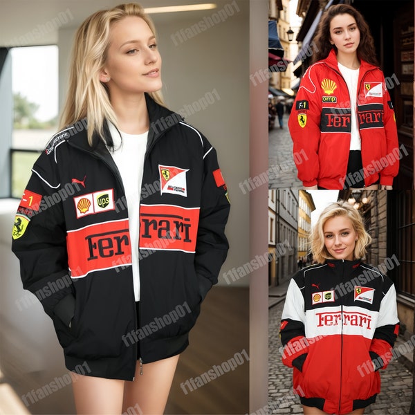 Veste Ferrari texturée brodée, veste F1, veste de course, veste F1 vintage, Ferrari F1, veste old school, veste de fan F1, produits dérivés Formule 1