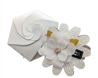 Handmade Greeting Card with Swirl Envelope and Keepsake Flower Hair Clip, Ivory Lotus