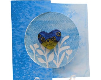 Handmade Greeting Card with Keepsake Fused Glass Heart Magnet (Blue/Yellow)