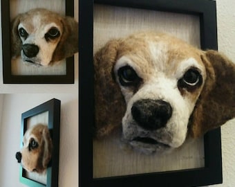 Custom Needle Felted Wool Portrait of Your Dog, Cat, Pet. With hand painted kiln formed glass eyes on linen. 5x7". Solid wood frame.