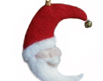 Needle felted wool Santa crescent moon ornament. Merrikin Designs