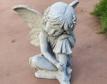 Stone pixie figurine | Sitting pixie girl 10" | Fairy statue | Outdoor pixie figure | Garden Decorations | Outdoor Sculpture