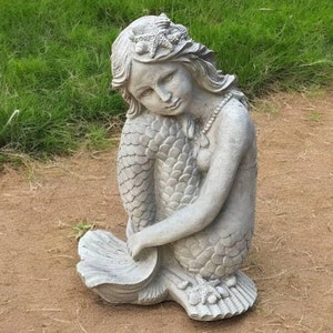 Sitting mermaid girl | Stone sea mermaid 13&quot; | Girl figurine | Mermaid outdoor statue | Garden Decorations | Outdoor Sculpture
