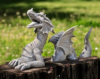Concrete dragon statue | Yard dragon figure 10" | Outdoor fantasy decor | 3 piece dragon art | Garden Decorations | Outdoor Sculpture