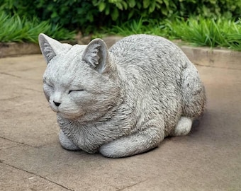 Sleeping Cat Stone Memorial Statue 6&quot; | Garden Decorations | Outdoor Sculpture