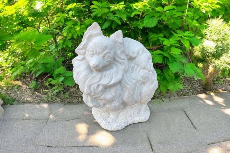 Stone Dog Pomeranian Statue | Yard Pet Memorial Cement Figure 10" | Garden Decorations | Outdoor Sculpture image 5