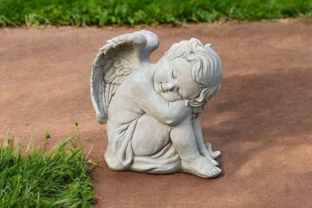 Religious Cherub Stone Figurine | Concrete Angel Hugging Knees Statue ...