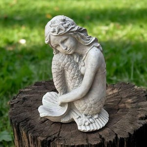 Concrete mermaid girl | Mermaid sitting on shell 13&quot; | Sea ornament | Stone girl statue | Garden Decorations | Outdoor Sculpture