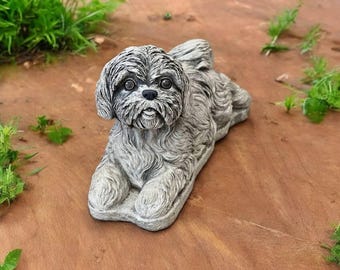 Shih Tzu Dog Concrete Statue | Laying Shih Tzu Puppy Stone Figurine 9" | Garden Decorations | Outdoor Sculpture