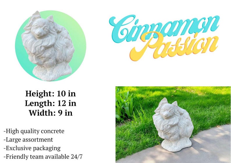 Stone Dog Pomeranian Statue | Yard Pet Memorial Cement Figure 10" | Garden Decorations | Outdoor Sculpture image 10