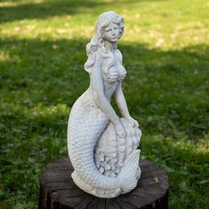 Concrete mermaid statue | Lawn mermaid art 24&quot; | Backyard mermaid idea | Stone mermaid on shell | Garden Decorations | Outdoor Sculpture