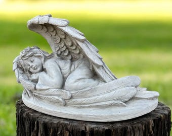 Yard cherub figurine | Angel stone decor 8" | Cement religious idea | Garden angel ornament | Lawn cherub art | Home religious sculpture