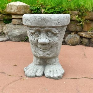 May include: A gray concrete planter shaped like a smiling face with feet. The planter has a textured surface and is designed to hold plants.