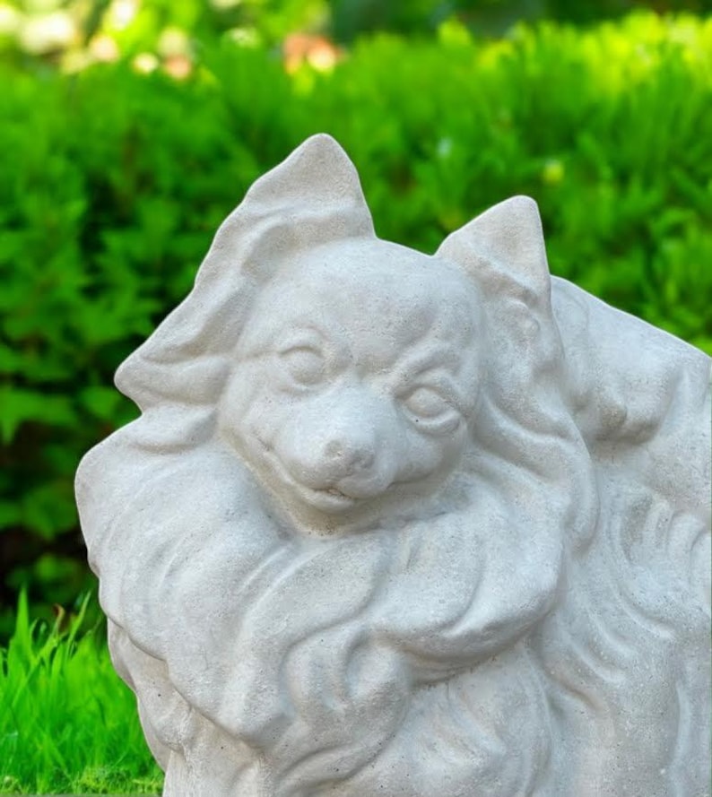 Stone Dog Pomeranian Statue | Yard Pet Memorial Cement Figure 10" | Garden Decorations | Outdoor Sculpture image 9