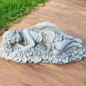 Stone pixie girl | Fairy on leaf | Sleeping pixie sculpture | Fairy with wings | Concrete elf statue | Garden Decoration | Outdoor Sculpture