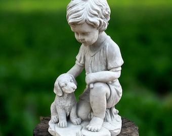 Concrete boy with puppy | Sitting boy statue 18" | Small puppy | Boy on base | Child home decor | Garden Decorations | Outdoor Sculpture