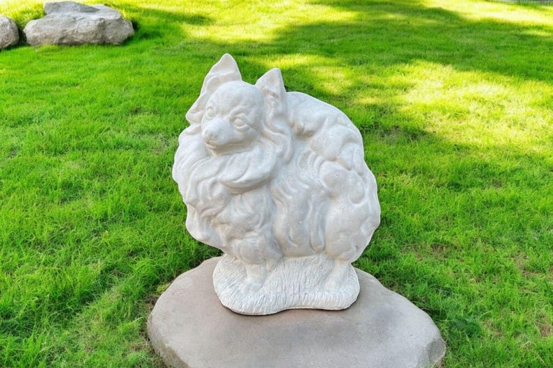 Stone Dog Pomeranian Statue | Yard Pet Memorial Cement Figure 10" | Garden Decorations | Outdoor Sculpture image 6