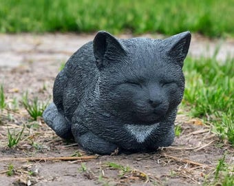 Crouching Black Cat Figurine | Concrete Large Cat Memorial Statue 6" | Garden Decorations | Outdoor Sculpture