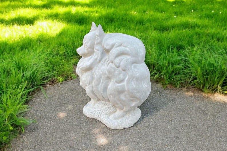 Stone Dog Pomeranian Statue | Yard Pet Memorial Cement Figure 10" | Garden Decorations | Outdoor Sculpture image 3