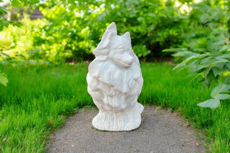 Stone Dog Pomeranian Statue | Yard Pet Memorial Cement Figure 10" | Garden Decorations | Outdoor Sculpture image 7