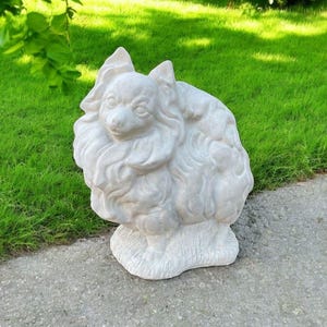 Stone Dog Pomeranian Statue | Yard Pet Memorial Cement Figure 10" | Garden Decorations | Outdoor Sculpture image 1