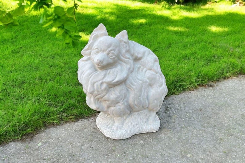 Stone Dog Pomeranian Statue | Yard Pet Memorial Cement Figure 10" | Garden Decorations | Outdoor Sculpture image 1