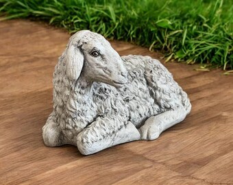 Concrete Laying Lamb with Ears Down Statue | Farm Sheep Stone Figure 9" | Garden Decorations | Outdoor Sculpture