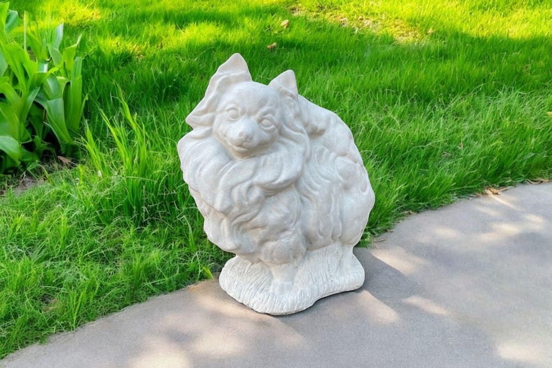 Stone Dog Pomeranian Statue | Yard Pet Memorial Cement Figure 10" | Garden Decorations | Outdoor Sculpture image 8