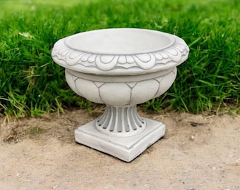 Concrete Ribbed Urn Planter Statue | Stone Flowers Pot Backyard Figure 13" | Garden Decorations | Outdoor Sculpture