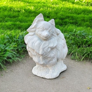Stone Dog Pomeranian Statue | Yard Pet Memorial Cement Figure 10" | Garden Decorations | Outdoor Sculpture image 4