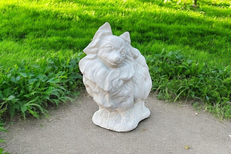 Stone Dog Pomeranian Statue | Yard Pet Memorial Cement Figure 10" | Garden Decorations | Outdoor Sculpture image 4