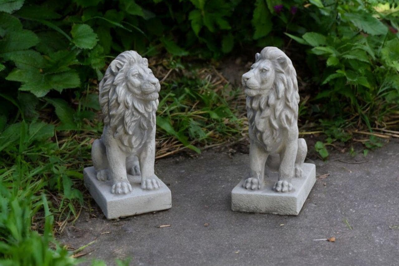 Two Lions Concrete Statue | Stone Pair of Lions Figure | Front Door Animals 14'' | Garden Decorations | Outdoor Sculpture