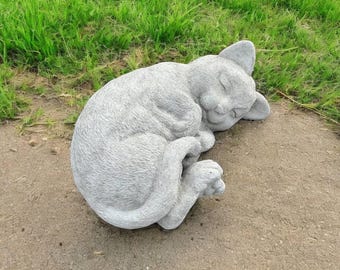 Estatua de hormigón de gato enroscado / Adorno para tumba de mascota de 7,6 cm / Decoración de jardín / Escultura para exteriores