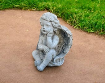 Thinking angel figurine | Concrete sitting angel 10 '' | Baby angel statue | Memorial decor | Garden Decorations | Outdoor Sculpture