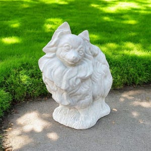 Stone Dog Pomeranian Statue | Yard Pet Memorial Cement Figure 10" | Garden Decorations | Outdoor Sculpture image 2