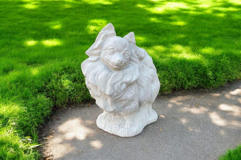 Stone Dog Pomeranian Statue | Yard Pet Memorial Cement Figure 10" | Garden Decorations | Outdoor Sculpture image 2