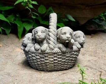 Puppies in Basket Cement Statue | Concrete Basket with Dogs Figurine 12" | Garden Decorations | Outdoor Sculpture