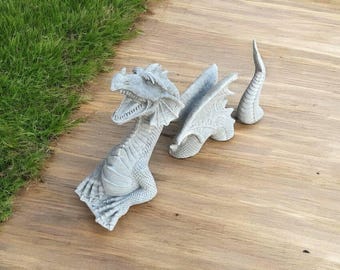 Outdoor dragon statue | Stone dragon figure 10" | Dragon home decor | Concrete three piece dragon | Garden Decorations | Outdoor Sculpture