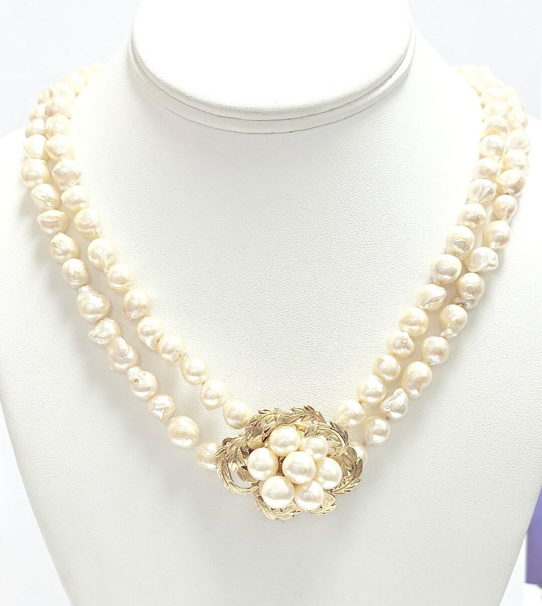 Vintage Double Strand Baroque Pearl Necklace With 14k Yellow Gold Clasp ...