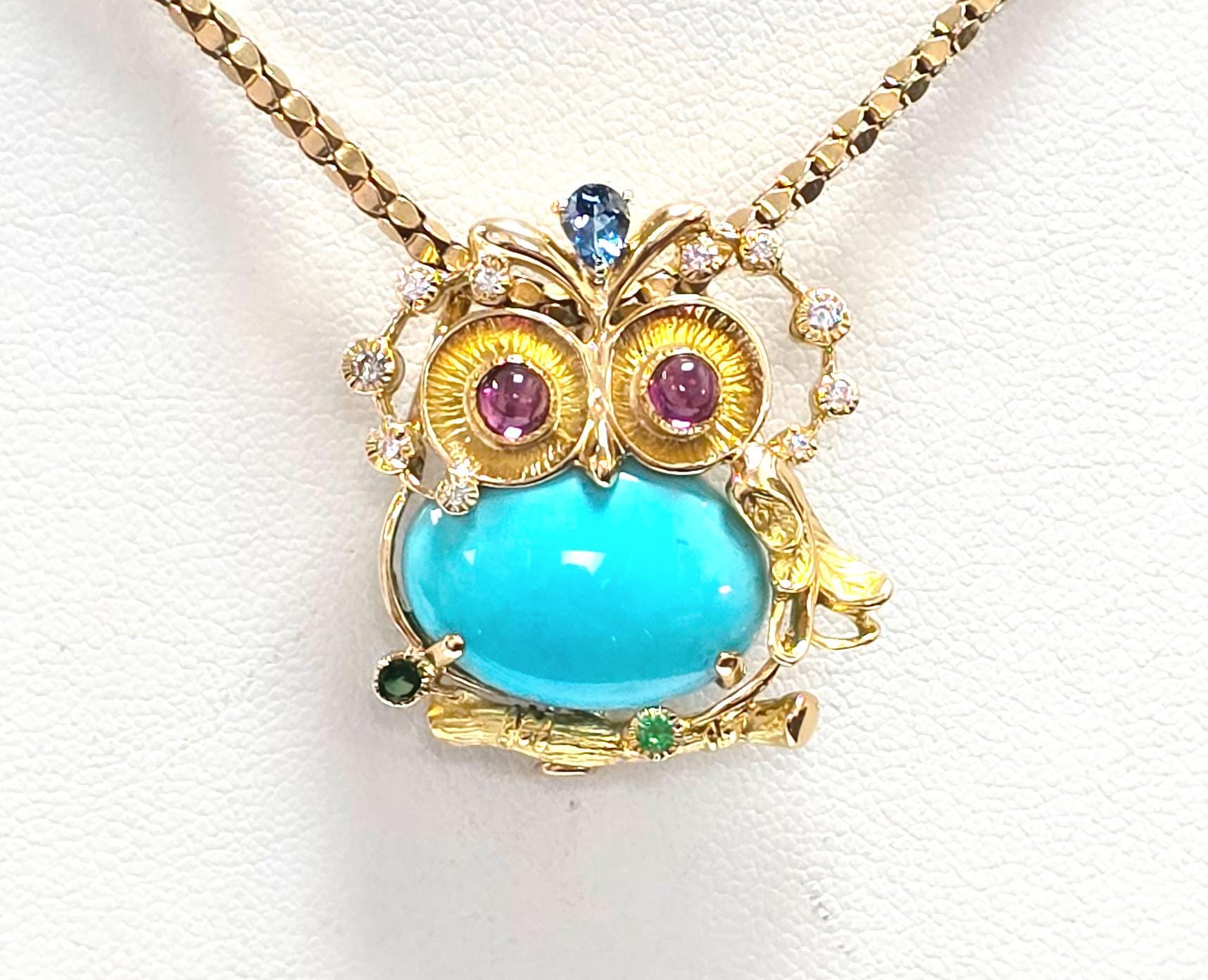 Incredible Vintage 18k Owl Pin/ Pendant with Turquoise, Diamonds & Semi-Precious Gems