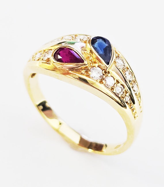 Beautiful 18k Yellow Gold Ruby, Sapphire, & Diamon