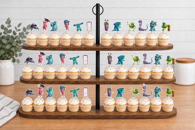 May include: A three-tiered wooden cupcake stand holding numerous cupcakes topped with colourful character paper toppers. The toppers feature various animated figures including a green one-eyed creature, a blue furry monster, and a small child.