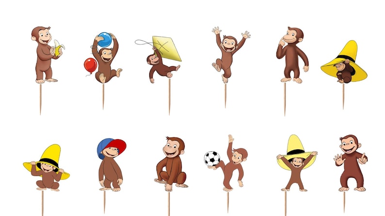 May include: A set of twelve decorative cupcake toppers featuring brown monkeys in various poses, including holding a banana, a red balloon, a blue balloon, a yellow kite, a soccer ball, and wearing yellow or blue hats, each attached to a wooden pick.