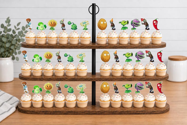 May include: A three-tiered wooden cupcake stand holding numerous cupcakes topped with decorative paper cutouts featuring various characters from the Plants vs. Zombies game, including sunflowers, walnuts, peashooters, and various zombie figures.