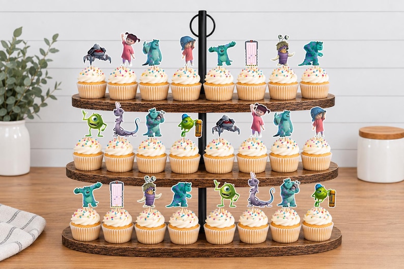 May include: A three-tiered wooden cupcake stand holding twenty-four cupcakes, each topped with a colourful paper cutout of characters from the movie Monsters, Inc. The cupcakes feature white frosting with multicoloured sprinkles in light brown paper liners.
